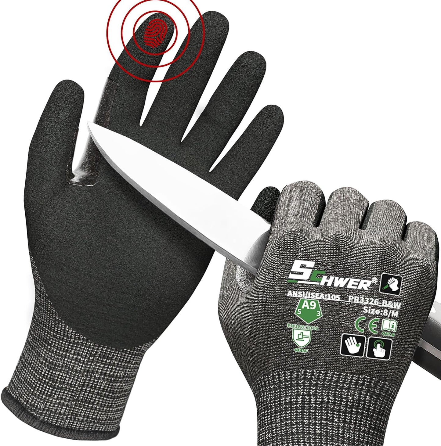 Schwer ProGuard High Level Cut Resistant Work Gloves for Extreme Protection, ANSI A9 Cut Gloves with Reinforced Thumb, Non Slip, Breathable, Durable, Touch-screen, Black 1 Pair（L 3326