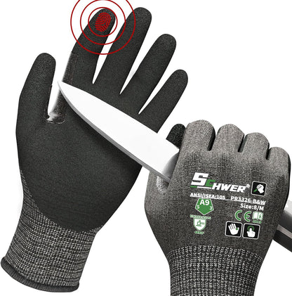 Schwer ProGuard High Level Cut Resistant Work Gloves for Extreme Protection, ANSI A9 Cut Gloves with Reinforced Thumb, Non Slip, Breathable, Durable, Touch-screen, Black 1 Pair（L 3326