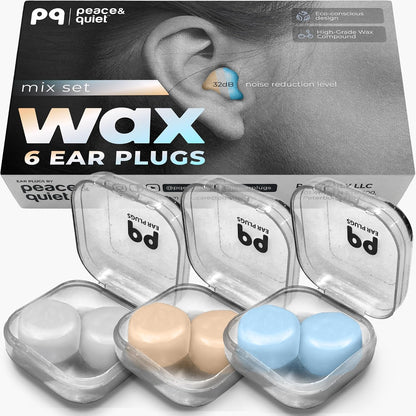 PQ Wax Ear Plugs for Sleep - 6 Silicone Wax Earplugs for Sleeping and Swimming - Gel Ear Plugs for Noise Cancelling, Ear Protection - Sleeping Earplugs with Sound Blocking 32 Db (6-Pillows). Beige