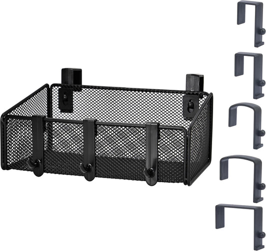 JDYOOMI Bedside Caddy Shelf Hanging Storage Basket for Bunk Bed, Office Cubical Walls, Baby Rails, College Dorm Organizer - 5 Pairs Sized Hooks for Phone, Glass, Magazine, Decor (Black)