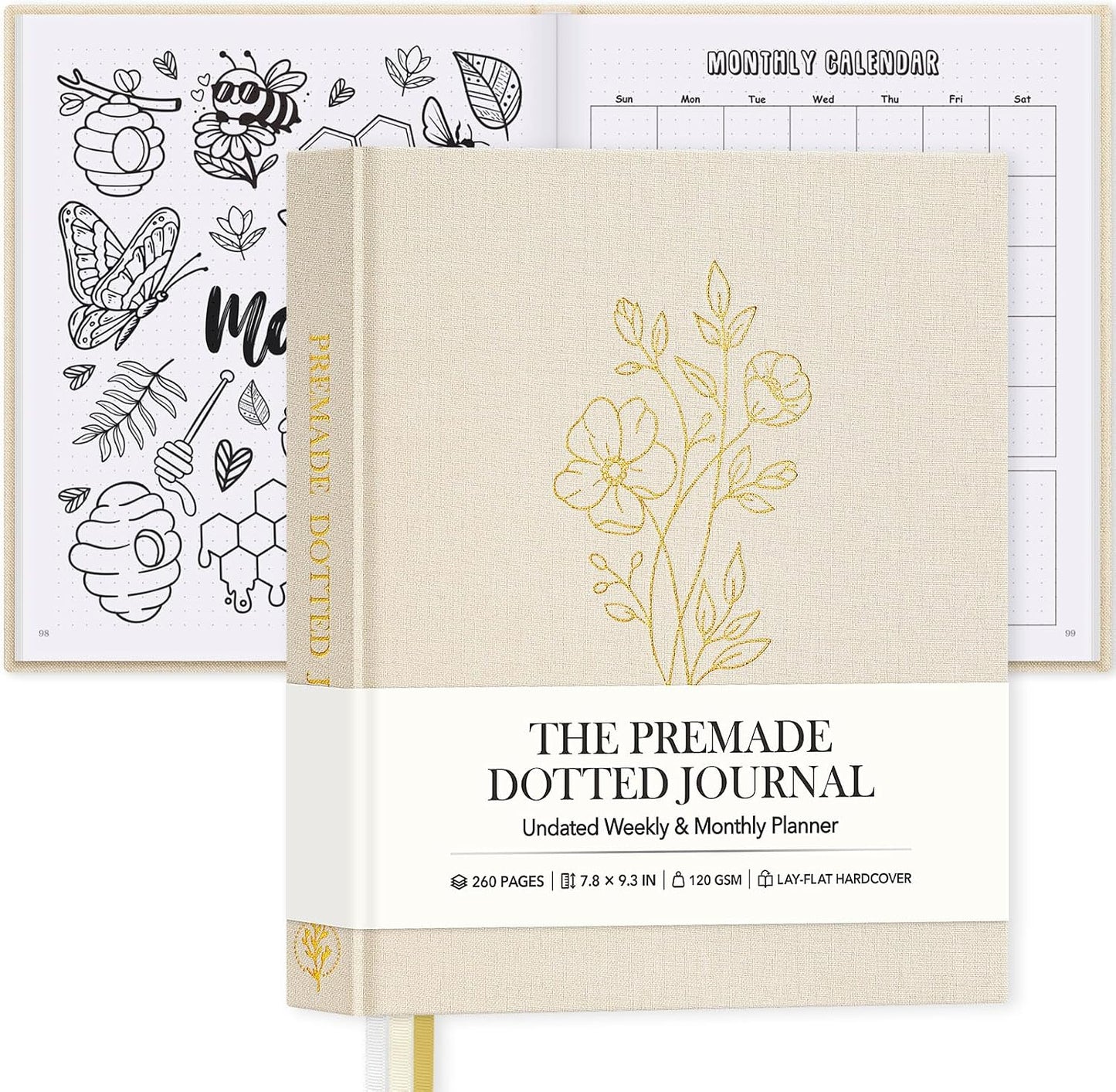 Everloria Premade Dotted Journal, 12 Months Pre-made Templates Bullet Notebook, 260 Hand-Drawn Coloring Pages, Undated Weekly & Monthly Planner, 7.8"x9.3" Linen Dot Grid Habit Mood Tracker, Sage Green