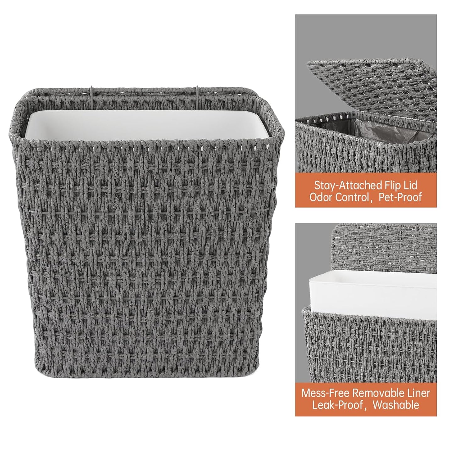 Coeusy 3 Gallon Wicker Trash Can,Small Bathroom Trash Can with Lid,Natural Water Hyacinth Wicker Waste Basket for Bedroom,Toilet,Narrow Garbage Can with Removable Liner