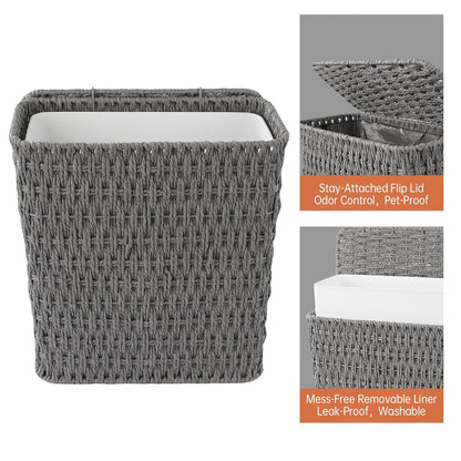 Coeusy 3 Gallon Wicker Trash Can,Small Bathroom Trash Can with Lid,Natural Water Hyacinth Wicker Waste Basket for Bedroom,Toilet,Narrow Garbage Can with Removable Liner