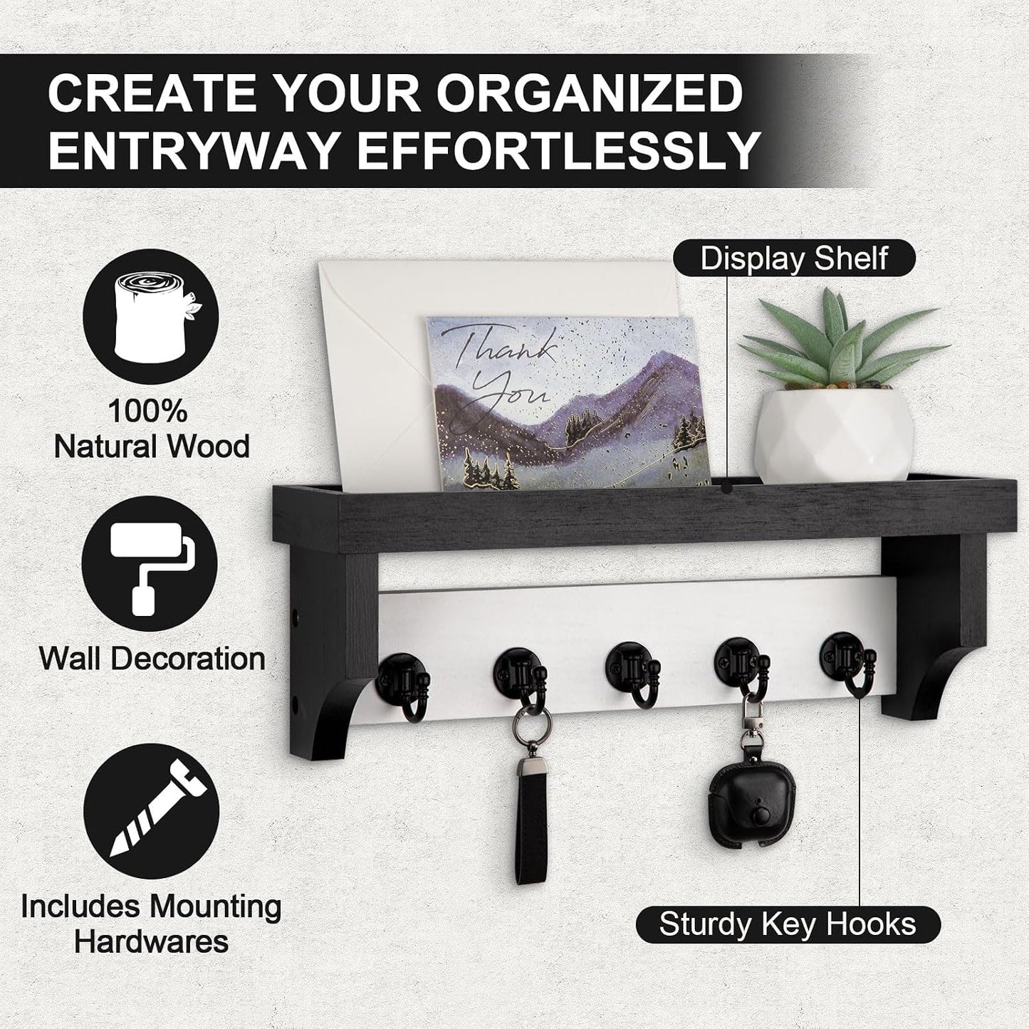 Key and Mail Holder Wall Mount, Mail Organizer with 5 Key Hooks | Key Holder with Shelf, Key Holder for Coat, Dog Leash, Home Decor Rack, Entry Way Organizer