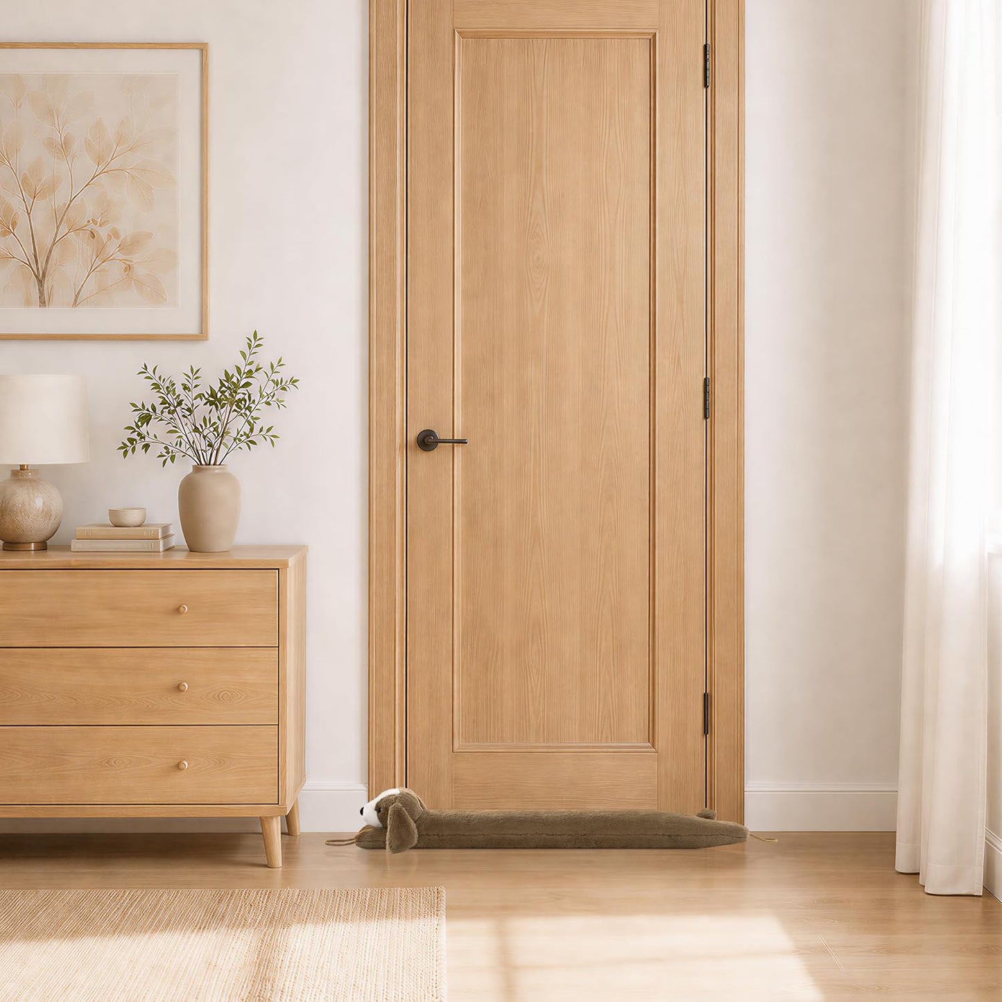 habibee Door Draft Stopper, Weighted Noise Blocker 38 in Coffee Dog | Robust Herringbone Fabric, Weighted Sandbags, Bouncy Cotton Filling, Blocks Light & Dust, Tool-free Setup, Animal Home Decor
