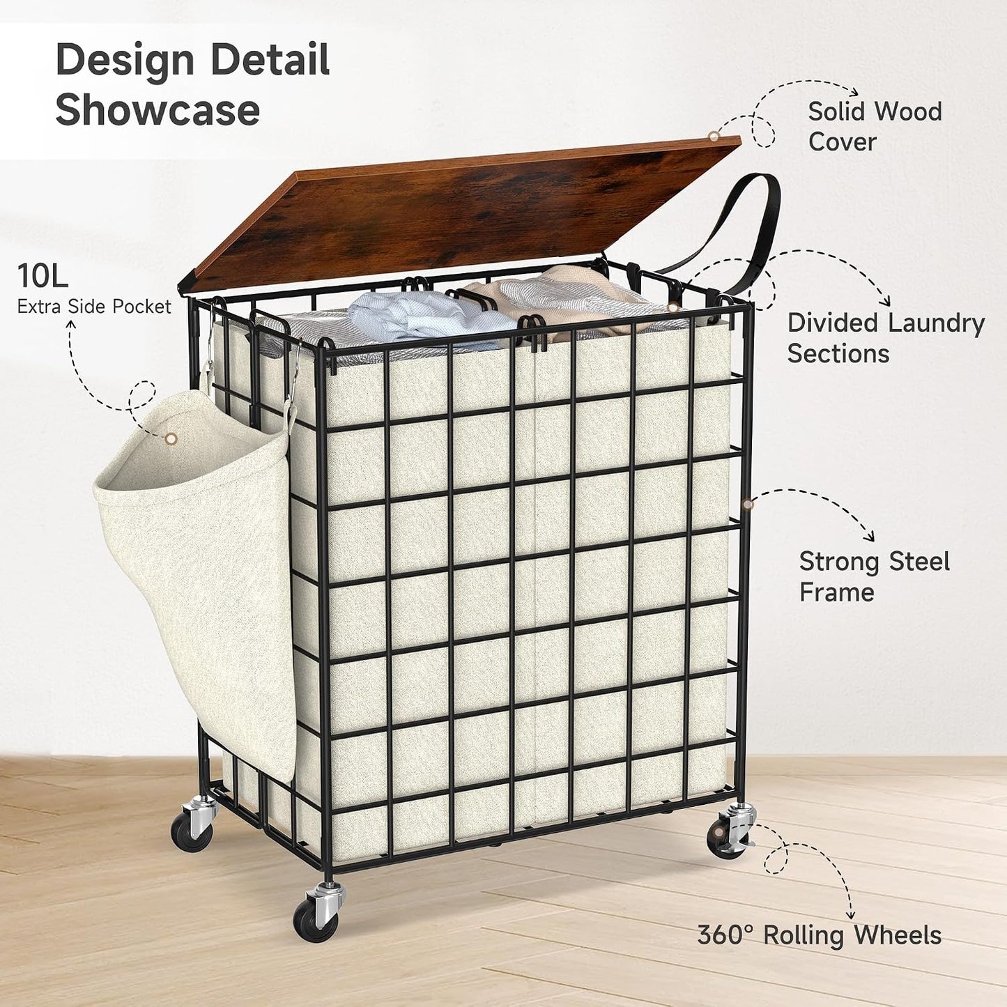 90L Laundry Basket with Wheels, Large Capacity Laundry Hamper with Removable Liner Bags, Heavy Duty Laundry Sorter with Solid Wood Lid & Leather Handles, Grey