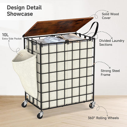 90L Laundry Basket with Wheels, Large Capacity Laundry Hamper with Removable Liner Bags, Heavy Duty Laundry Sorter with Solid Wood Lid & Leather Handles, Grey