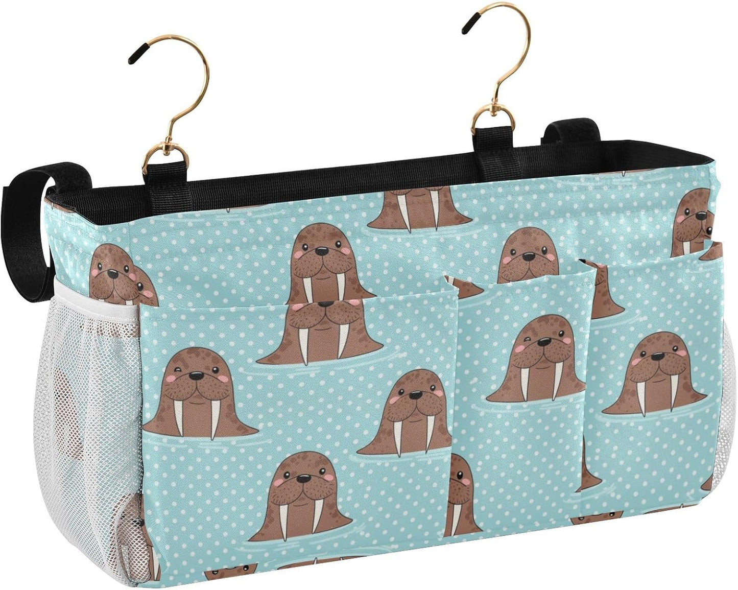 Walrus Blue Print Bedside Caddy Storage Bag Bedside Organizer for Bed Rails College Dorm Room Organizer Caddy Hanging Shelf 6 Pockets with Hooks for Glasses Book Tablet Holder
