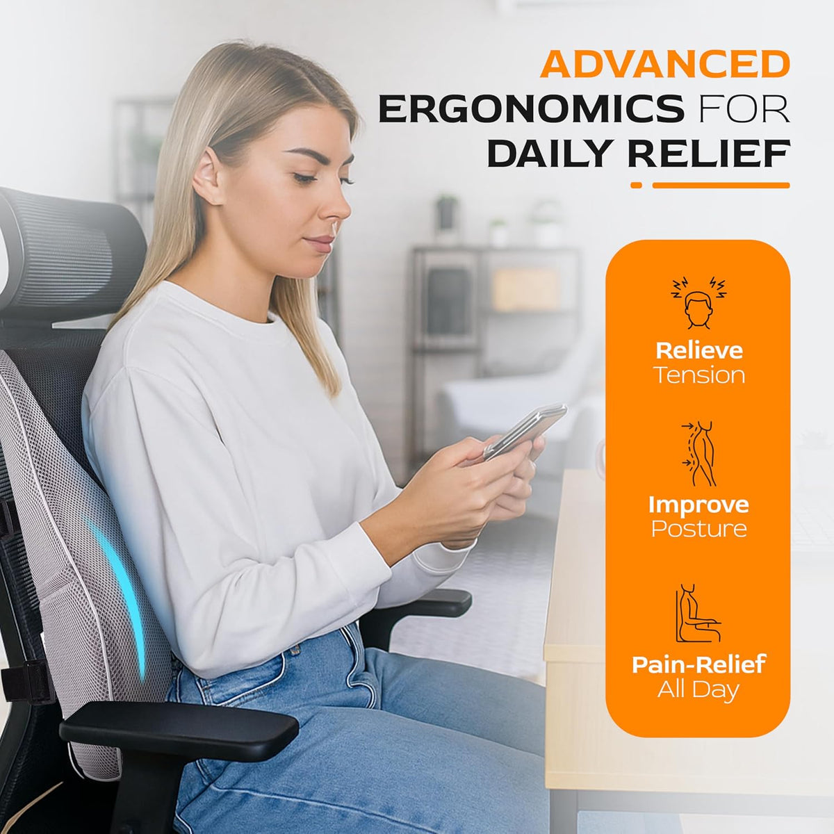 TULARIS Extra Dense Lumbar Pillow with Double Adjustable Straps - Ergonomic Lumbar Support Pillow for Office Chair, Car, Couch Firm Back Support for Lower Back & Spine Pain Relief Memory Foam Cushion