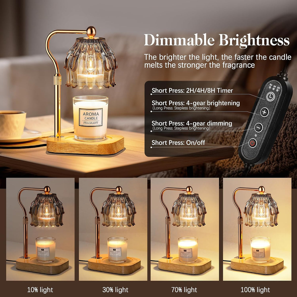 Candle Warmer Lamp with Timer Dimmer, Modern Wax Warmer for Scented Wax Jar Candle Warmer with 2 Bulbs, Adjustable Height Glass Lamp for Gifts for Women, Home Decor, Gold Amber