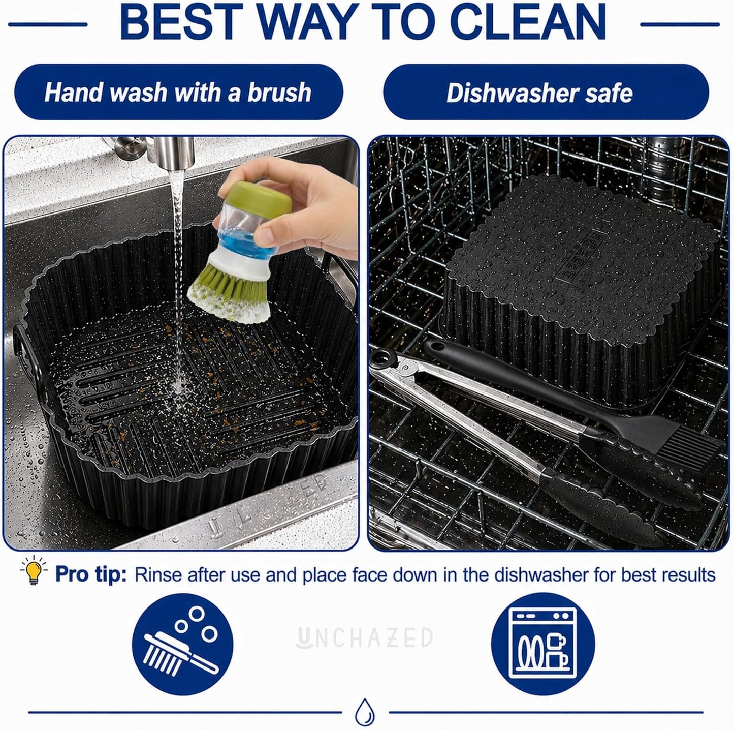 Reusable Silicone Air Fryer Liners 4 PCS Set | 2-Pack 8-Inch Square Liners with Tongs & Basting Brush | Compatible with Ninja AF141 AF181, COSORI & More | Food-Grade Accessories for 5–7 QT Baskets