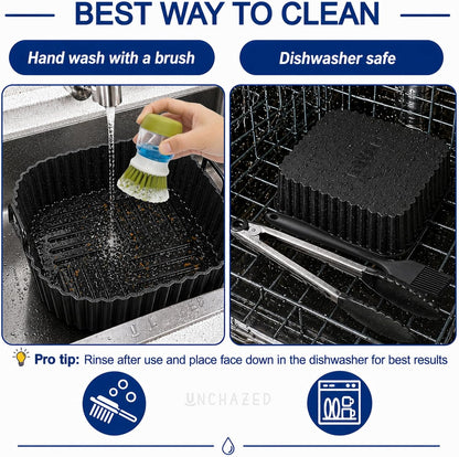 Reusable Silicone Air Fryer Liners 4 PCS Set | 2-Pack 8-Inch Square Liners with Tongs & Basting Brush | Compatible with Ninja AF141 AF181, COSORI & More | Food-Grade Accessories for 5–7 QT Baskets