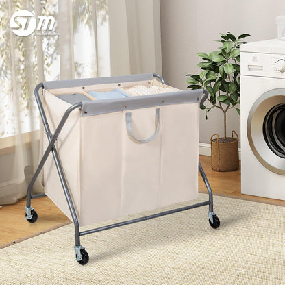 STORAGE MANIAC 160L Collapsible Laundry Hamper with Wheels, Rolling Laundry Basket, Heavy Duty Cloth Sorter with Removable Bag, Folding X Frame Clothes Organizer Cart for Easy to Store, 3 Section
