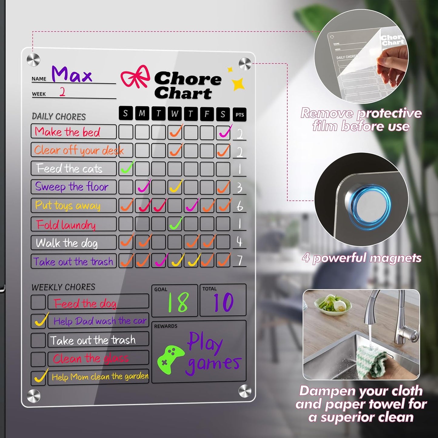 2 Pack Acrylic Magnetic Chore Chart for Kids & Adults on Fridge | 12"x8" Erasable Chore & Reward Board for Kids & Teens - Includes 8 Markers & 1 Towel, Transparent Erasable Checklist, White