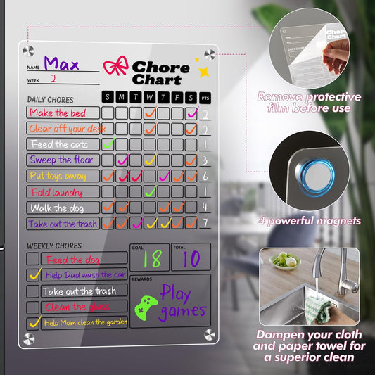 2 Pack Acrylic Magnetic Chore Chart for Kids & Adults on Fridge | 12"x8" Erasable Chore & Reward Board for Kids & Teens - Includes 8 Markers & 1 Towel, Transparent Erasable Checklist, White
