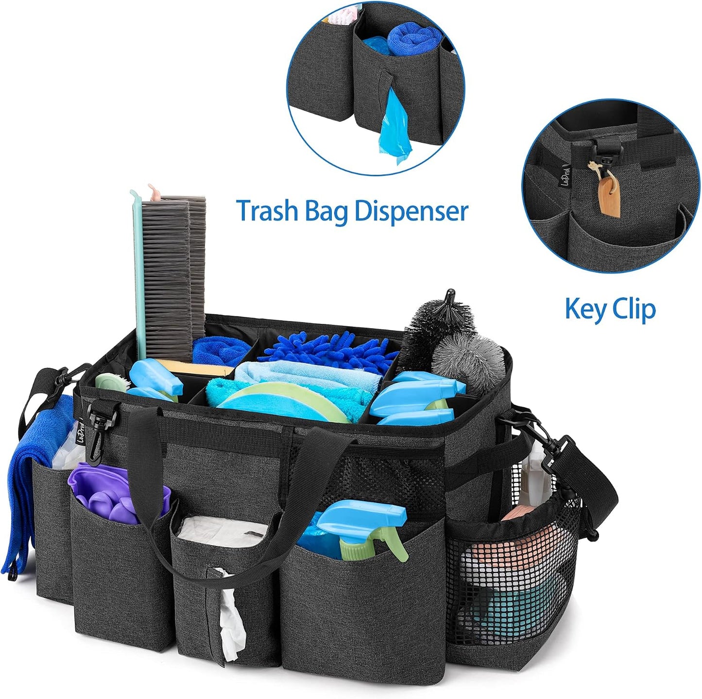 LoDrid Wearable Cleaning Caddy Bag with 4 Foldable Dividers, Black | Cleaning Supply Organizer with Shoulder Strap and Side Handles for Cleaners & Housekeepers