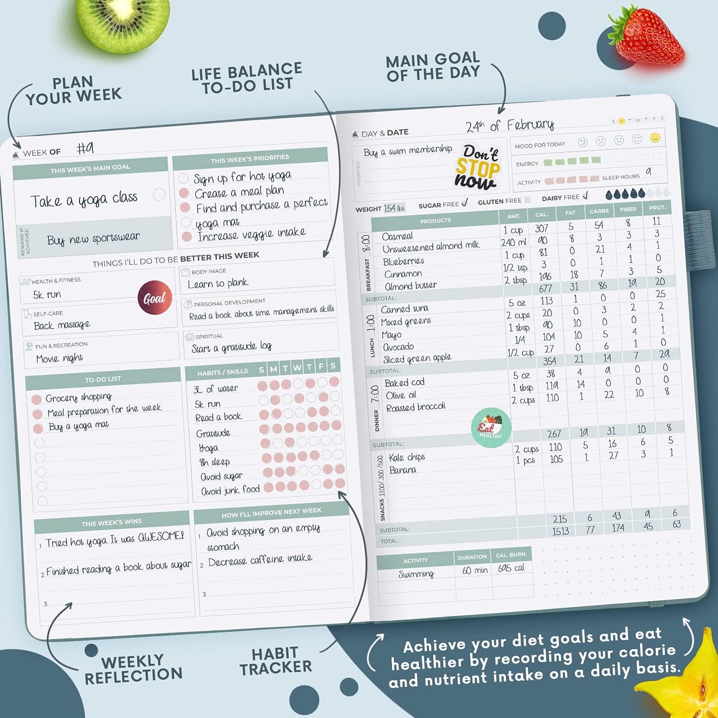 Clever Fox Wellness Planner & Food Journal for Weight Loss, A5 Orange | 5.8"x8.3" nutrition & exercise tracker for women tracking meals, diet & symptom diary, calorie counter notebook, stickers
