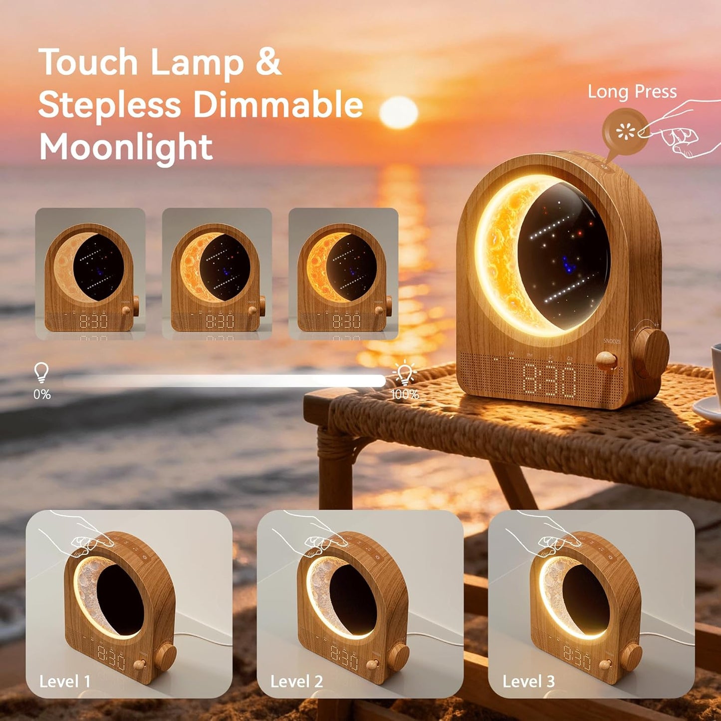 blonbar Sunrise Alarm Clocks for Bedrooms, Stepless Dimmable Moon Lamp Dual Alarm Clock with 12Levels Volume for Heavy Sleepers, 10 Natural Sounds with 30/60/90mins Timer, Gifts for Women