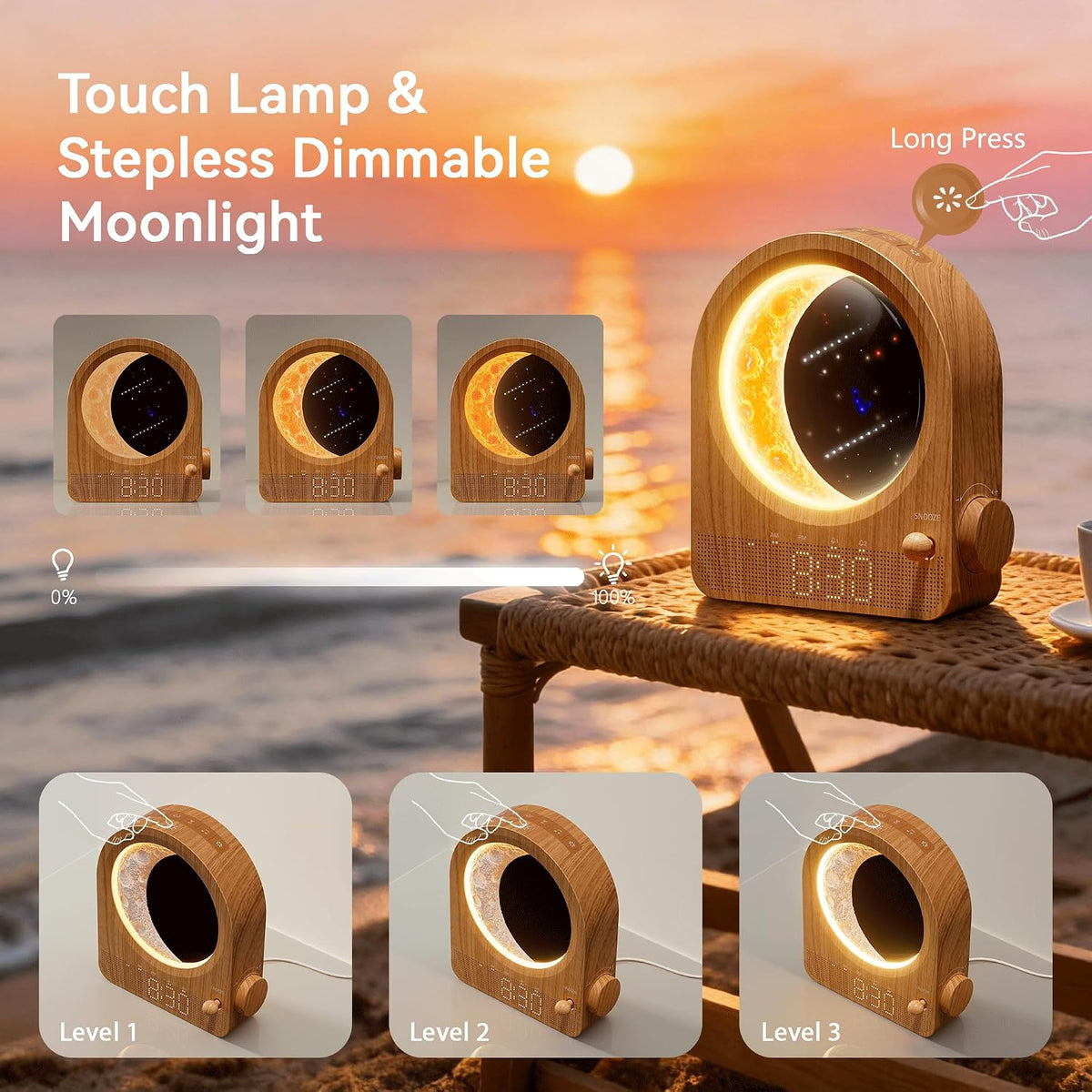 blonbar Sunrise Alarm Clocks for Bedrooms, Stepless Dimmable Moon Lamp Dual Alarm Clock with 12Levels Volume for Heavy Sleepers, 10 Natural Sounds with 30/60/90mins Timer, Gifts for Women