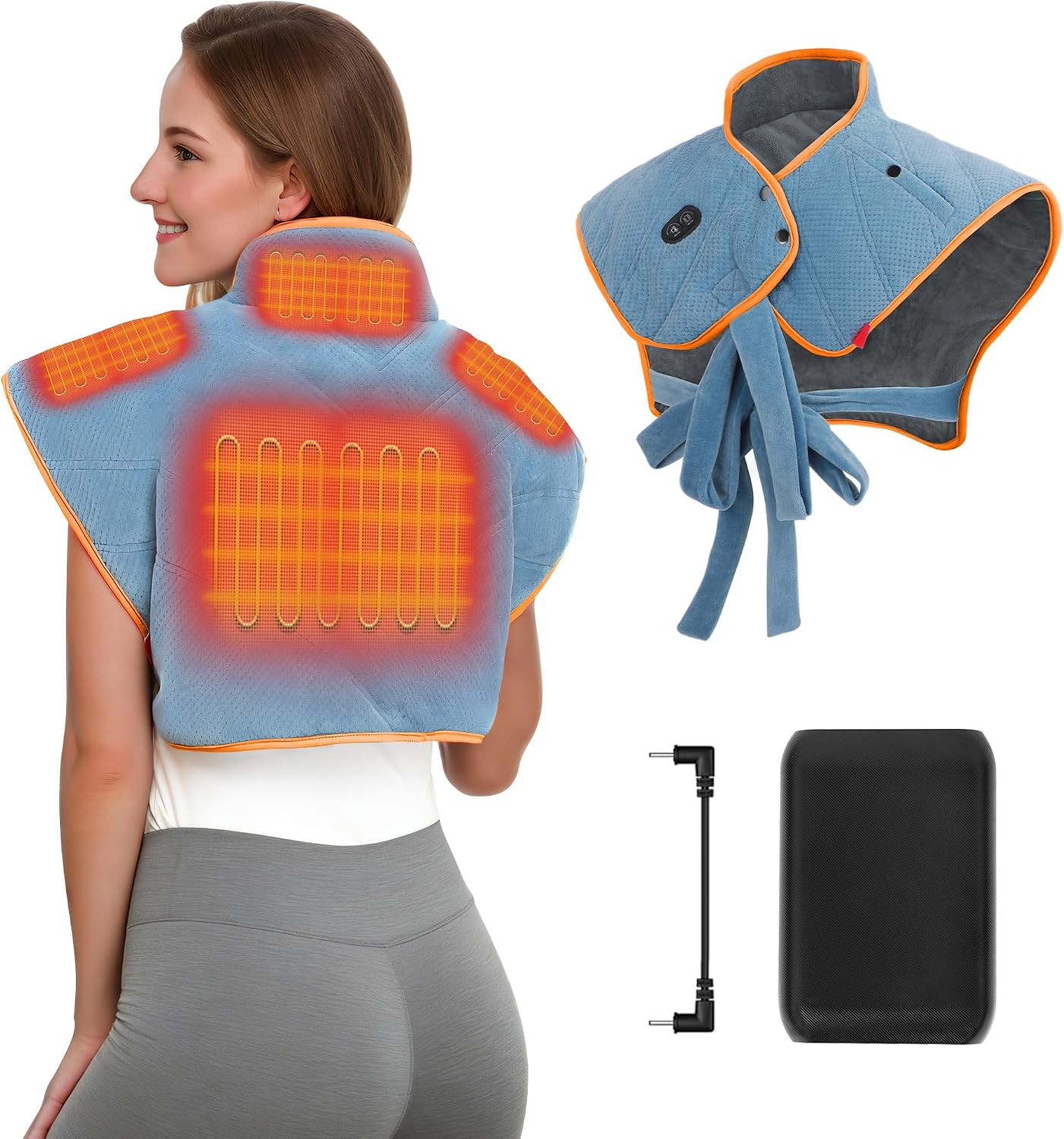 Vofuoti Portable Cordless Heating Pad for Neck and Shoulders with Massager | 12V 15000mAh Battery and 3 Heat Settings, Weighted Electric Rechargeable Heated Neck Shoulder Wrap, 2.6lbs, Gift for Family