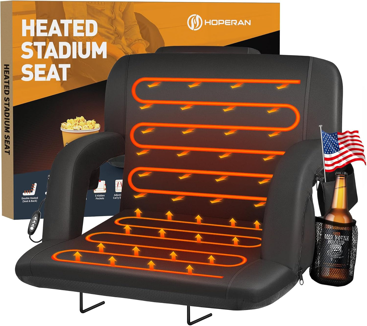 HOPERAN 21" Heated Stadium Seats for Bleachers with Back Support, Black 2PC | Seat & Back Heat Wired Control, 3 Heat Levels (NO Battery), Soft Cushion, 6 Recline, Anti-Slip, Side Pockets, Backpack Straps