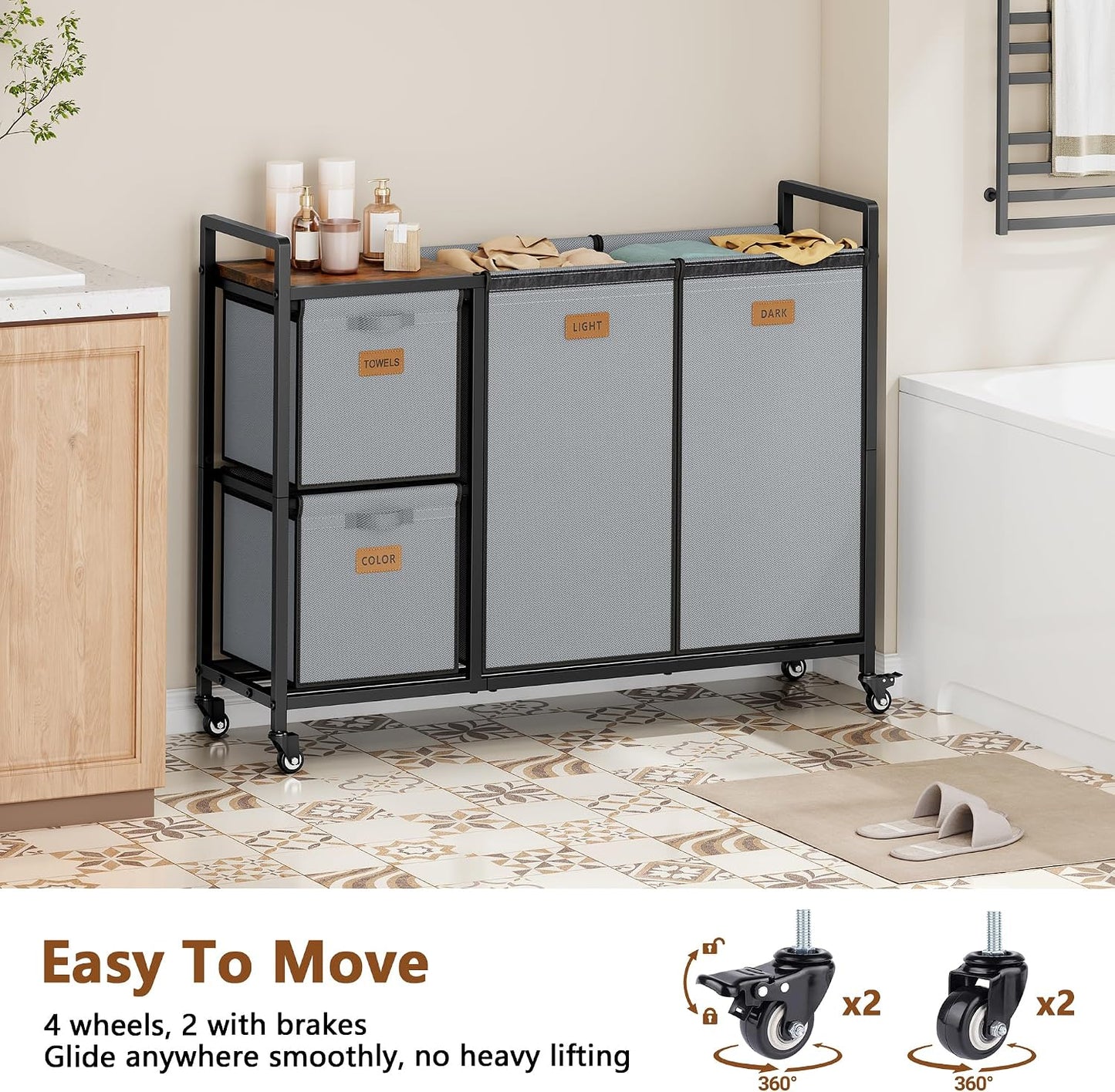 Hoctieon 4 Section Laundry Cart, 52.8 Gal. (200L) Laundry Hamper with Lid, Laundry Basket with Wheels, Rolling Laundry Sorter Organizer with Shelf, Clothes Separator with Removable Bags, Black