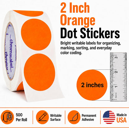 Fluorescent Green Dot Stickers, 2 Inch, 500/Roll | Writable Matte Paper Circle Stickers for Inventory, Classrooms, Offices, Retail, and Color Coding. Made in USA