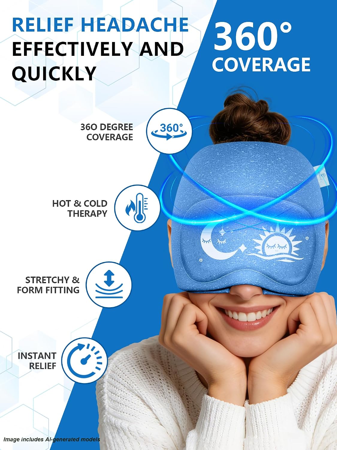 Migraine Relief Cap with Flip-up Eye Mask for Headache & Stress Relief | Headache Relief Hat for Hangover, Tension-Cold Compress Head Wrap