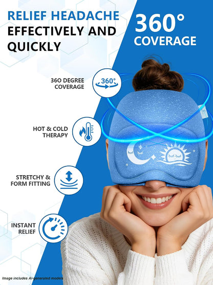 Migraine Relief Cap with Flip-up Eye Mask for Headache & Stress Relief | Headache Relief Hat for Hangover, Tension-Cold Compress Head Wrap