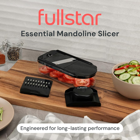 Fullstar Essential Mandoline Vegetable Slicer & Julienne Cutter | 4 in 1 Compact Fruit Cutter, Cucumber Slicer & Cheese Grater, with Stainless Steel Blades, Guard & 3-Cup Container (Black)
