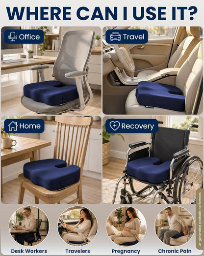 5 STARS UNITED Seat Cushion - Memory Foam Chair Cushion for Tailbone Pain Relief - Ergonomic Support for Coccyx, Sciatica & Butt - Office, Desk & Gaming Chair, Car Seat, Wheelchair, Airplane, Black