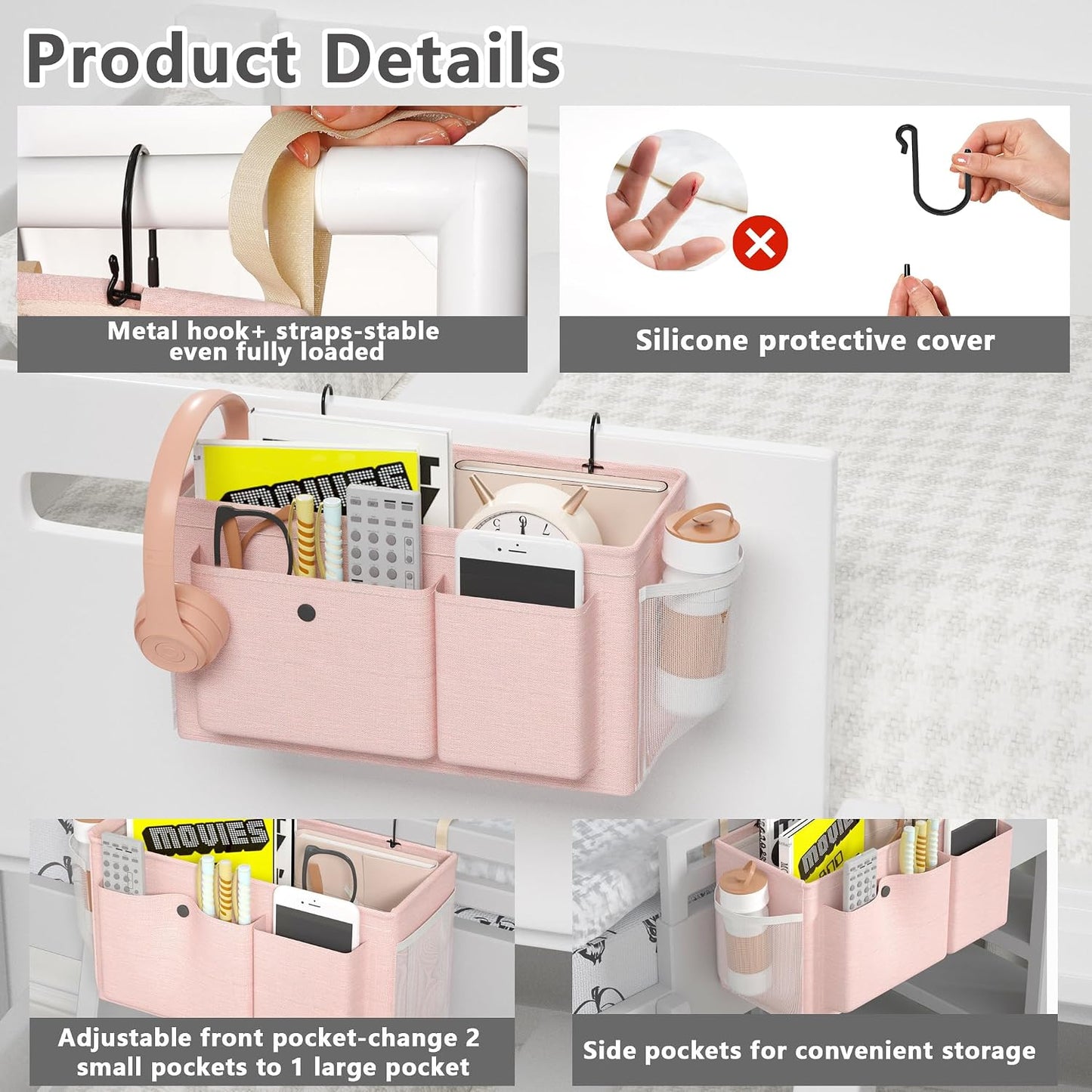 Bedside Caddy Bedside Storage Hanging Organizer for Bunk Dorm Bed Rail | Bed Caddy with Hooks, Top Bunks and Dorm Essentials for Water, Tissues, Tablets, Books, Phones, Remotes and Other Necessories