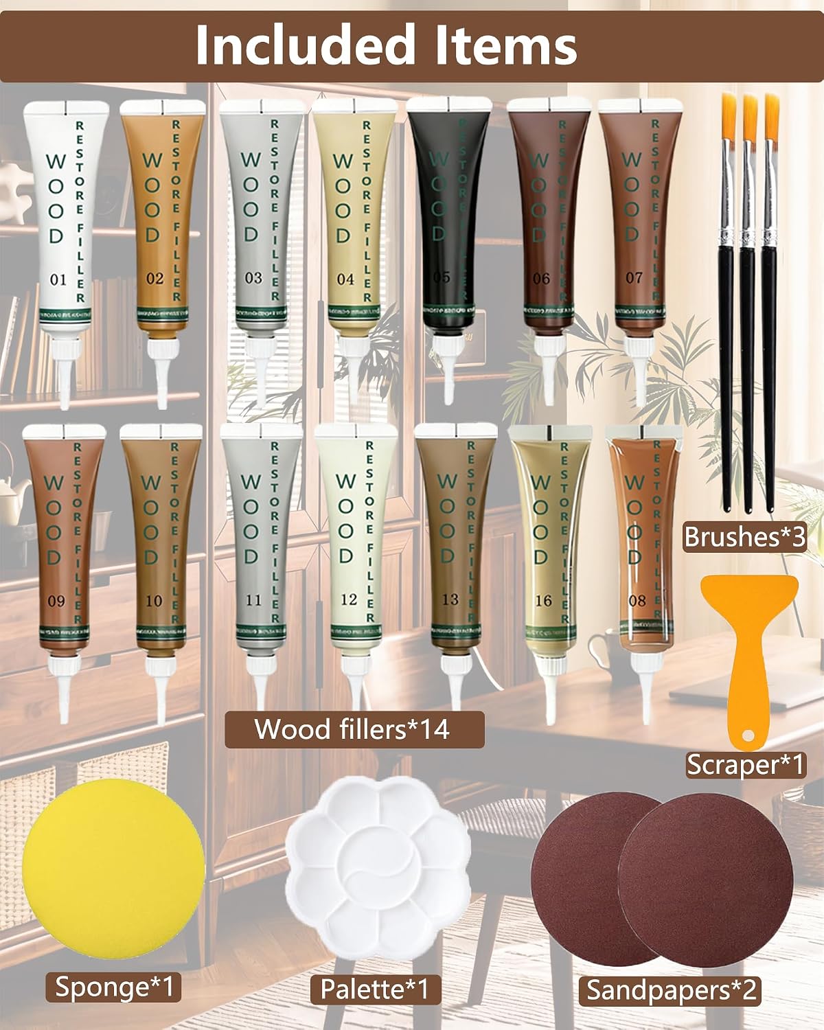 Wood Repair Kit - Scratch Repair Set of 21 - Wood Filler and Furniture Markers for Touching Up Hardwood Scratches, Holes, Cracks, Stains, Laminate Floor, Cabinets, and Tables