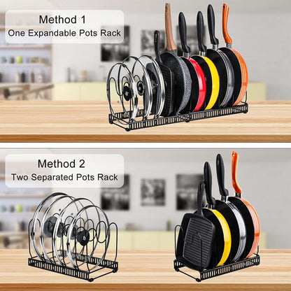Toplife Pot Lids Organizer Rack for Cabinet and Countertop, 7+ Pan Lids and Bakeware Organizer Rack Holder with 7 Adjustable Compartments - Black