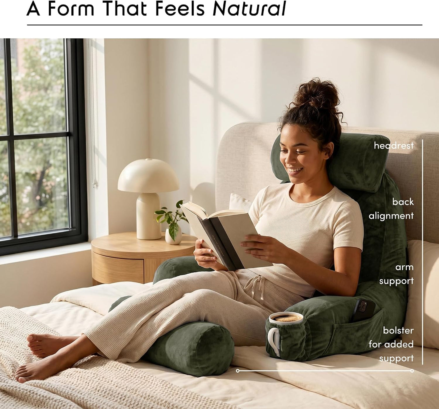 Nestl Reading Pillow with Shredded Memory Foam, Designed for Sitting Up in Bed and Couch, Back and Arms Adjustable Support for Adult & Teens Backrest Pillows for Reading, with Washable Cover Dark Grey