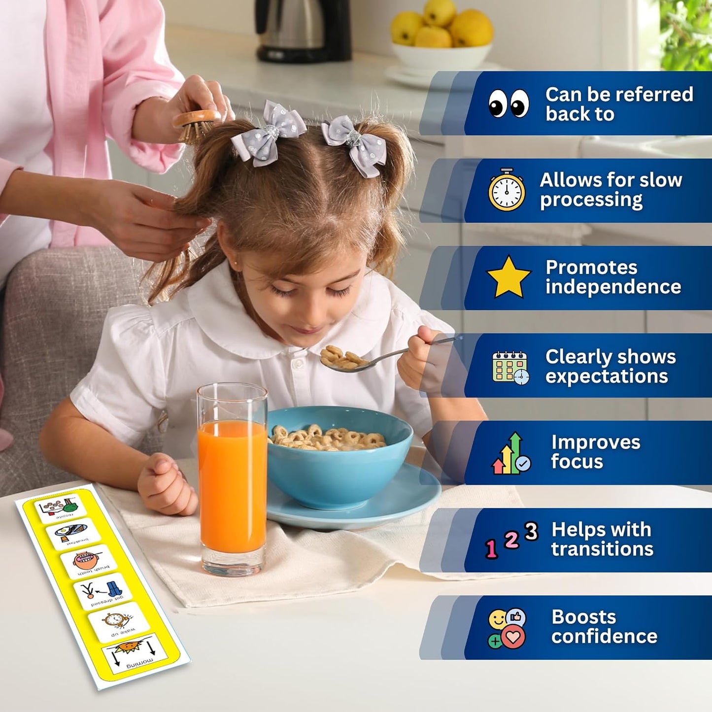 Morning Routine Chart, Visual Schedule for Kids with Autism/ASD (English) | Board 31 x 8 cm, 12 genuine Boardmaker symbols, 5 at once, 4.5 cm each, hook-and-loop, wipe-clean, PECS compatible
