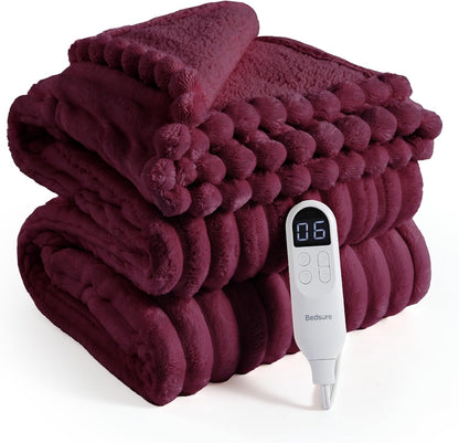 Bedsure Heated Blanket Electric Throw - Thick Striped Fast Heating Electric Blanket with Preheat Function, 6 Heat & 6 Timer (Up to 10H), 8H Auto Off, ETL Certified, Gifts for Women (50"x60", White)