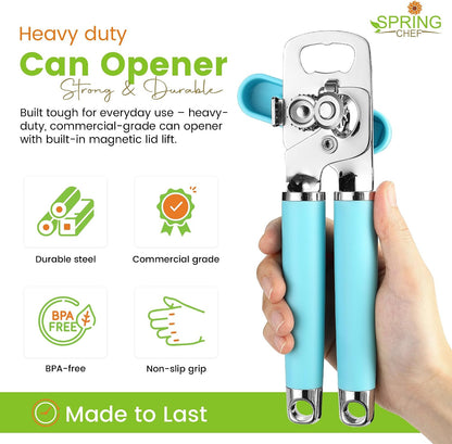 Spring Chef Stainless Steel Manual Can Opener with Soft Grip Handles, Black | Heavy Duty Hand Can Opener for Seniors with Smooth Edge, Easy Turn, 3in1 Can Opener with Magnetic Lid Remover & Bottle Opener