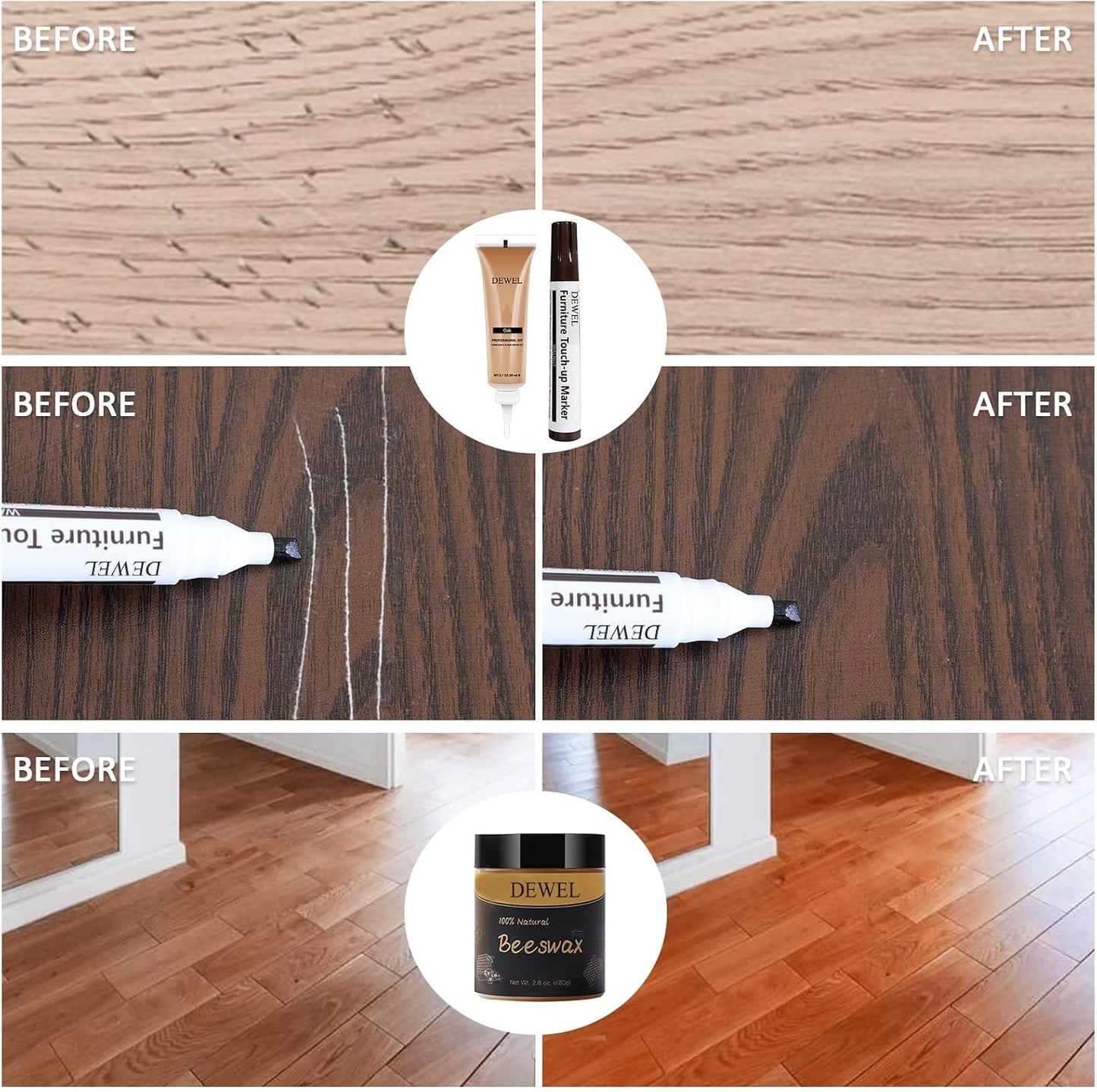 DEWEL Wood Furniture Repair Kit, New Upgrade Wood Fillers, Furniture Touch Up Markers, Wax Sticks, Wood Putty with Beeswax for Cracks, Wood Hole, Scratches, Floor, Table, Door