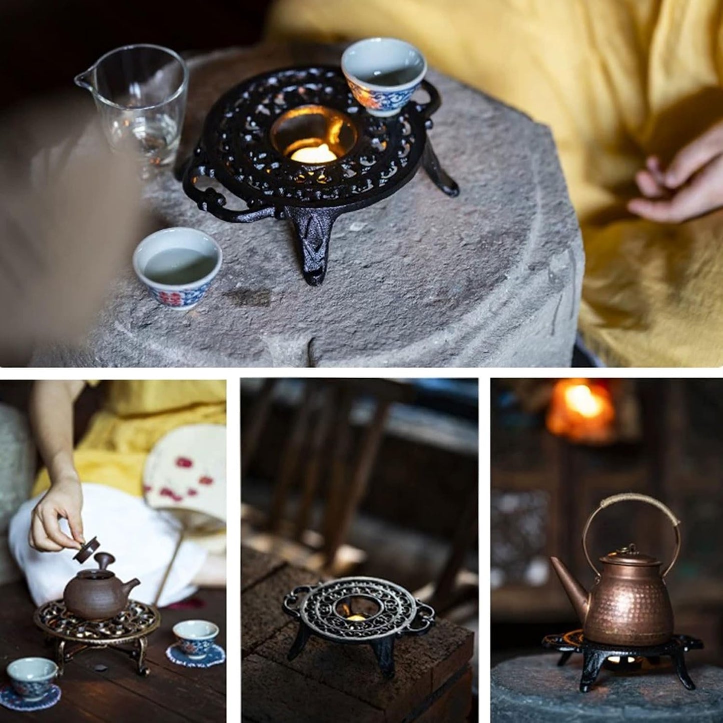 6.1 Inches Cast Iron Teapot Warmer Dish Cups Trivet,Flower-Shaped Design with Tealight Holder - Heavy Duty & Decorative Candle Holder Stands for Heat Food Coffee Milk or Tea