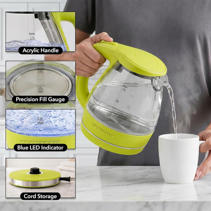 OVENTE 1.5L Glass Electric Kettle Water Boiler, Black KG83B | 1100W Fast Boiling, Borosilicate Glass, BPA-Free, Blue LED, Auto Shut-Off, Boil-Dry Protection, Removable Filter, 360° Base