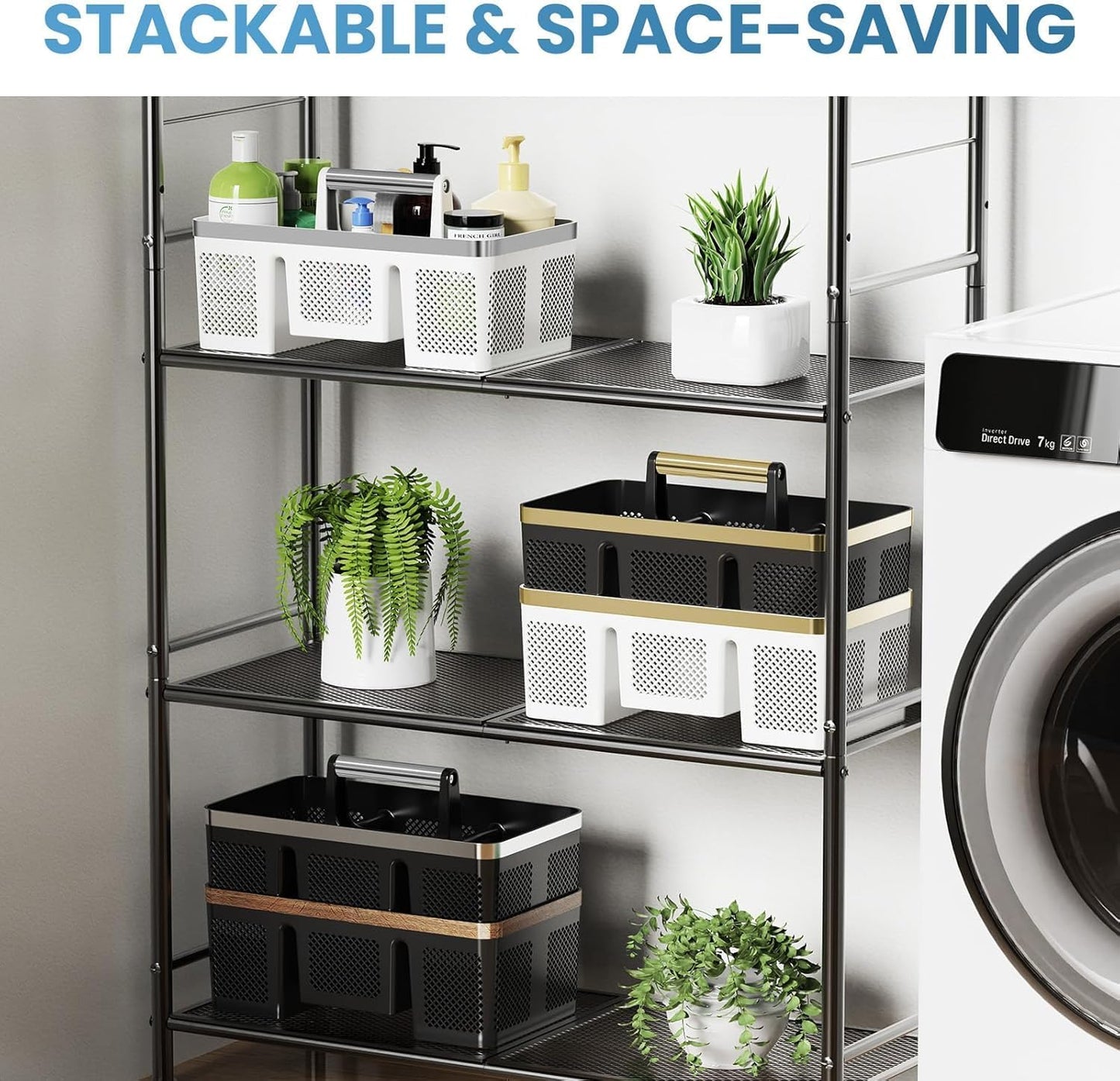 BYUNER Portable Cleaning & Shower Caddy with Handle: Rigid Plastic Basket with 4 Divided Compartments, All-Side Drainage for College Dorm, Bathroom & Utility Use, Black/Gold