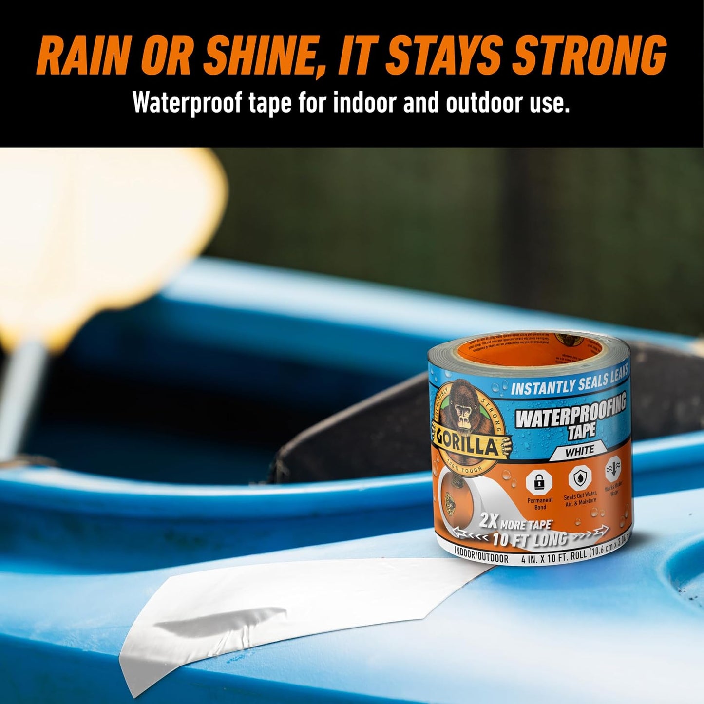 GORILLA Waterproofing Tape, Permanent, White, 4" x 10 | Weather Resistant for Leaks and Repairs, Conforms to All Surfaces, UV and Moisture Resistant Backing