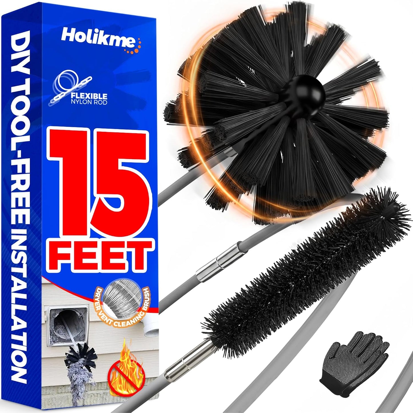 Holikme Dryer Vent Cleaner Kit - 15Ft Flexible Lint Brush for Deep Cleaning | Dryer Vent Cleaner Brush with Drill Attachment, Removes Years of Lint Buildup, Improves Airflow, Faster Drying & Fire Safety