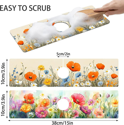 Bimkole 2 PCS Faucet Absorbent Mat, Kitchen Faucet Sink Splash Guard Wraparound Cloth Pads Drip Catcher for Sink Faucet for Kitchen Bathroom Faucet, Colorful Faucet Mat, 15 x 4 Inch Flower A6