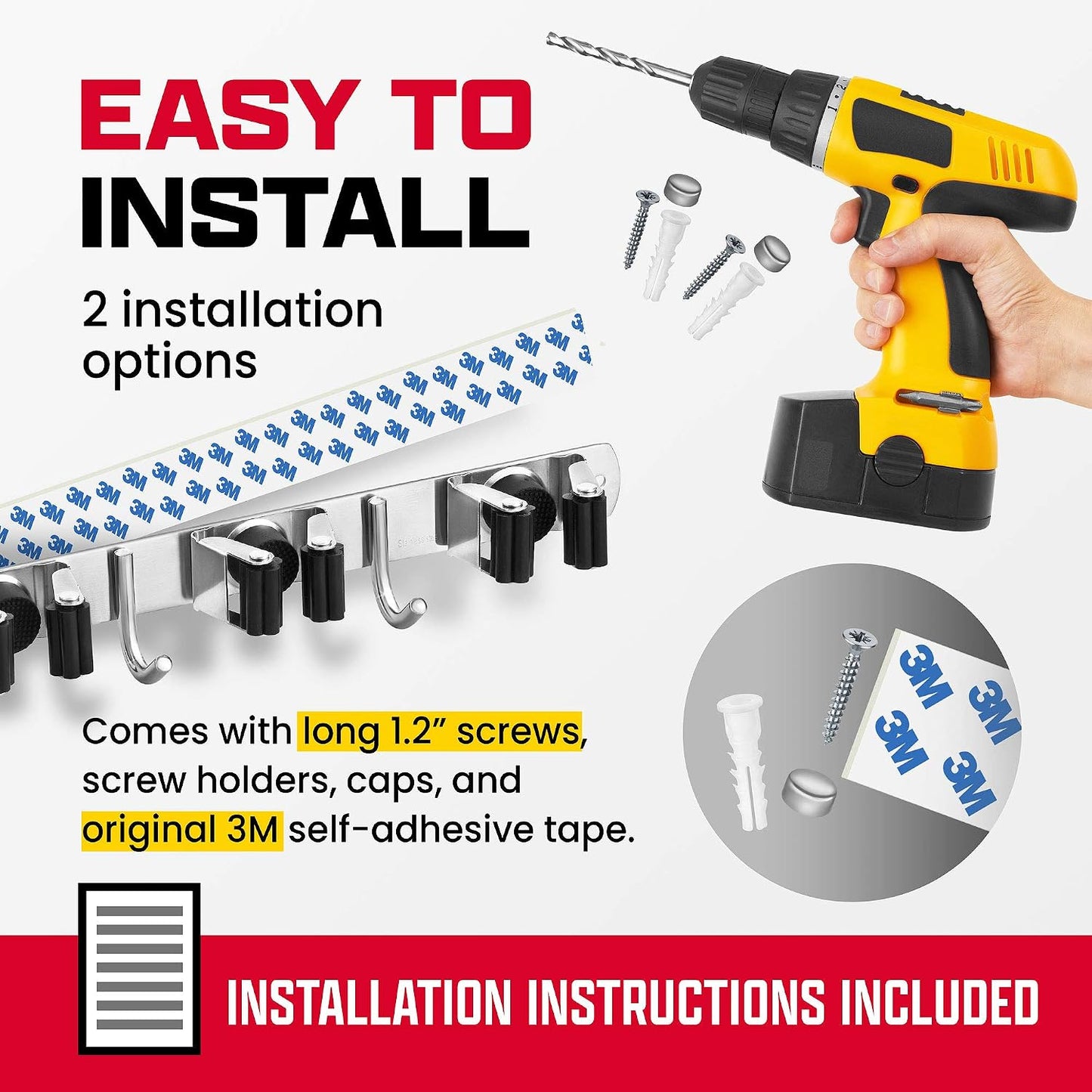 Wall Mount Hanger for Brooms & Mops - Adhesive Stainless Steel Mops & Broom Holder, 4 Clamps, 3 Hooks, & 5 Towel Hanger Clips Including Mounting Hardware for Utility Room Organization