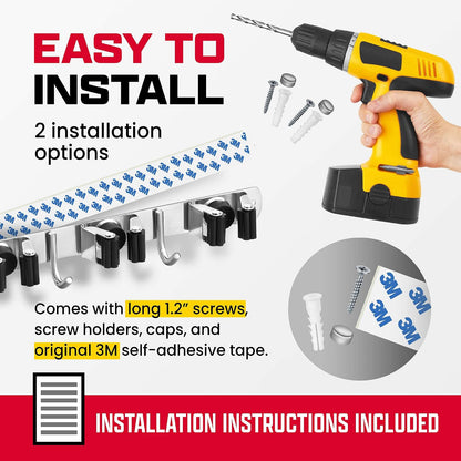 Wall Mount Hanger for Brooms & Mops - Adhesive Stainless Steel Mops & Broom Holder, 4 Clamps, 3 Hooks, & 5 Towel Hanger Clips Including Mounting Hardware for Utility Room Organization