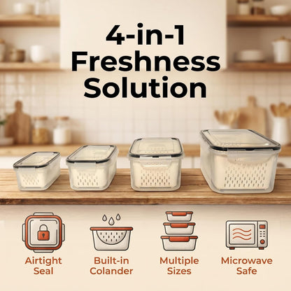 Fruit Storage Containers for Fridge, 4-Pack Fruit Containers for Fridge with Removable Colander - Airtight BPA-Free Produce Keeper, Keeps Berries Fresh 2 Weeks, Stackable Produce Storage