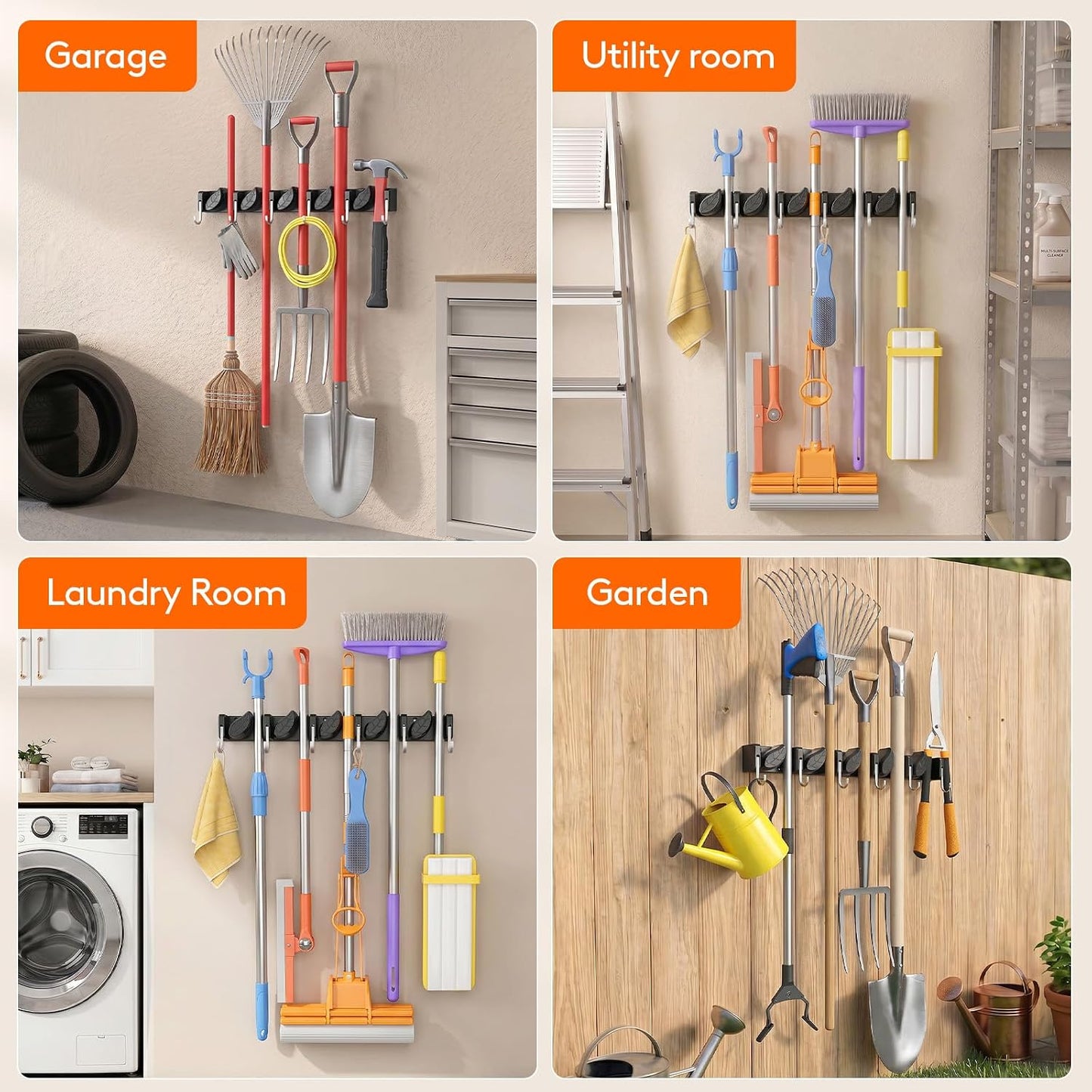 Lifewit Mop and Broom Holder Organizer Wall Mount Non-Slip, 1 Pack, Black | Easy Install One Handed Push Cleaning Tool Hanger with 6 Hooks 5 Slots, Heavy Duty Hanging Utility Rack for Garden, Garage