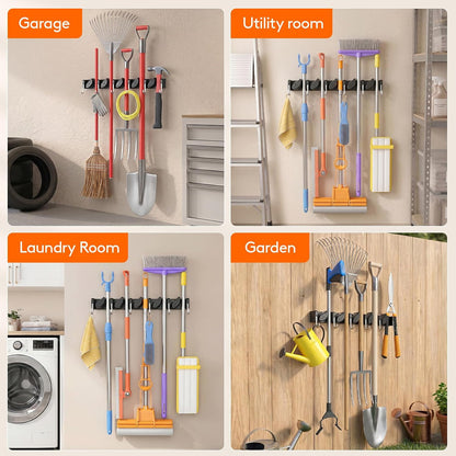 Lifewit Mop and Broom Holder Organizer Wall Mount Non-Slip, 1 Pack, Black | Easy Install One Handed Push Cleaning Tool Hanger with 6 Hooks 5 Slots, Heavy Duty Hanging Utility Rack for Garden, Garage